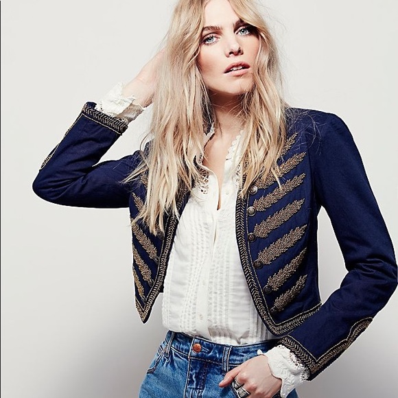Free People Jackets & Blazers - Free People Beaded Military Style Navy Jacket